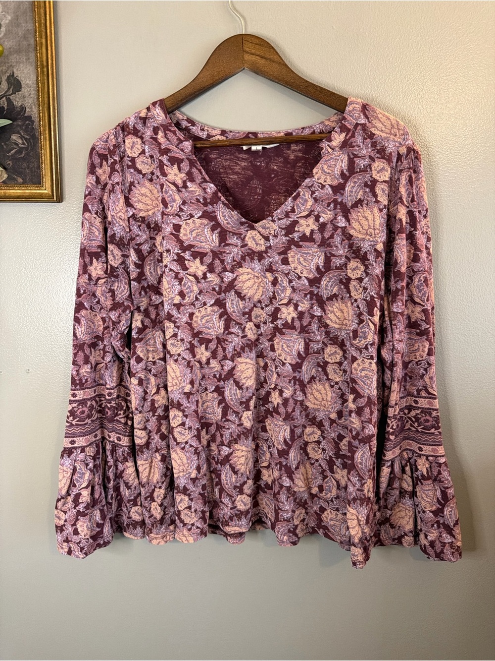 Lucky Brand Floral Bell Sleeve Top Large Boho Paisley Peplum Cotton Modal Purple - Picture 2 of 8